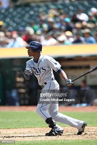 Upton of the Tampa Bay Rays hitting during the game against the Oakland Athletics at the Oakland Coliseum on May 8, 2010 in Oakland, California. The...