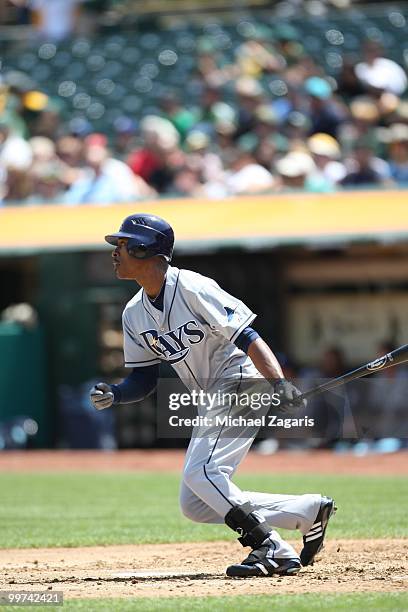 Upton of the Tampa Bay Rays hitting during the game against the Oakland Athletics at the Oakland Coliseum on May 8, 2010 in Oakland, California. The...