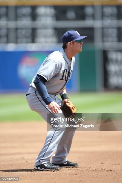 Evan Longoria of the Tampa Bay Rays fielding during the game against the Oakland Athletics at the Oakland Coliseum on May 8, 2010 in Oakland,...