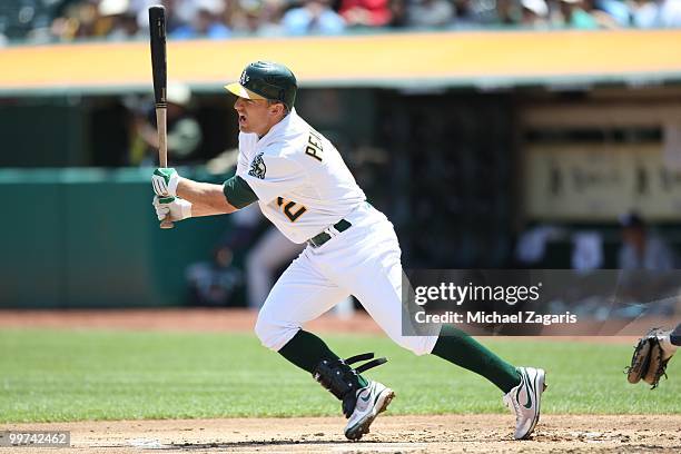 Cliff Pennington of the Oakland Athletics hitting during the game against the Tampa Bay Rays at the Oakland Coliseum on May 8, 2010 in Oakland,...