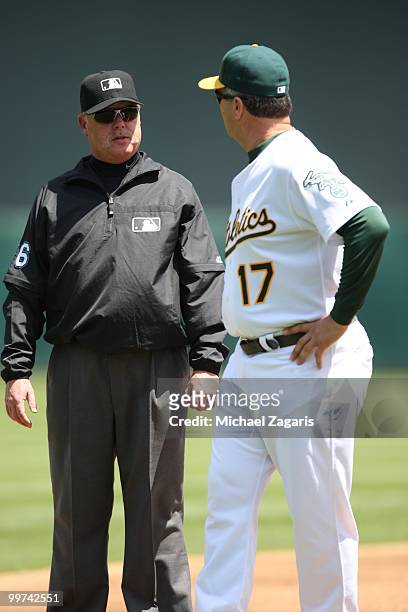 Manager Bob Geren of the Oakland Athletics arguing with umpire Jim Joyce during the game against the Tampa Bay Rays at the Oakland Coliseum on May 8,...