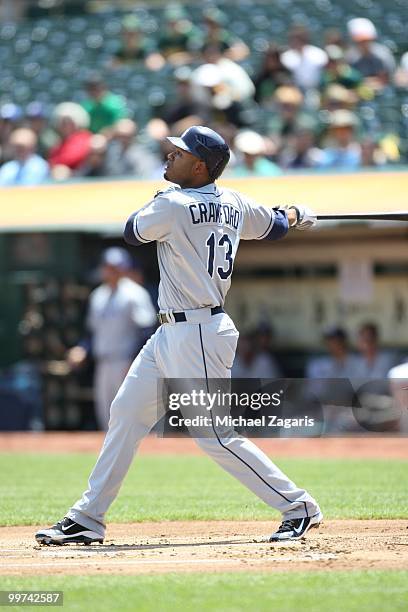 Carl Crawford of the Tampa Bay Rays hitting during the game against the Oakland Athletics at the Oakland Coliseum on May 8, 2010 in Oakland,...