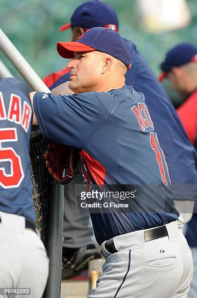 Manager Manny Acta of the Cleveland Indians watches batting practice before the game against the Baltimore Orioles at Camden Yards on May 14, 2010 in...