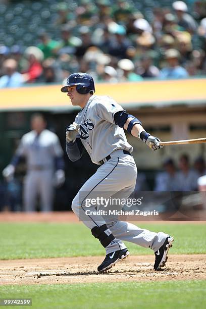 Evan Longoria of the Tampa Bay Rays hitting during the game against the Oakland Athletics at the Oakland Coliseum on May 8, 2010 in Oakland,...