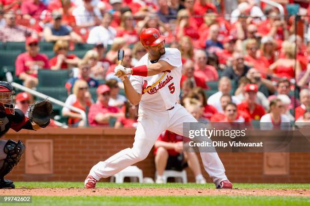 Albert Pujols of the St. Louis Cardinals bats against the Houston Astros at Busch Stadium on May 13, 2010 in St. Louis, Missouri. The Astros beat the...