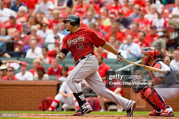 Carlos Lee of the Houston Astros bats against the St. Louis Cardinals at Busch Stadium on May 13, 2010 in St. Louis, Missouri. The Astros beat the...