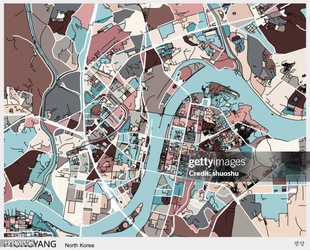 pyongyang city art map - north korea map stock illustrations