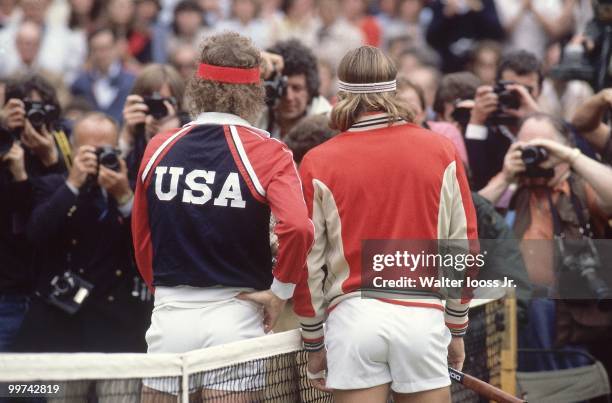 Rear view of USA John McEnroe and Sweden Bjorn Borg before Men's Final match at All England Club. London, England 7/4/1981 CREDIT: Walter Iooss Jr.