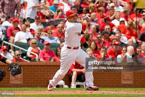 Yadier Molina of the St. Louis Cardinals bats against the Houston Astros at Busch Stadium on May 13, 2010 in St. Louis, Missouri. The Astros beat the...