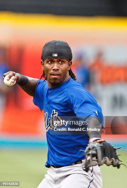 Jose Reyes of the New York Mets during batting practice before a MLB game against the Florida Marlins in Sun Life Stadium on May 15, 2010 in Miami,...