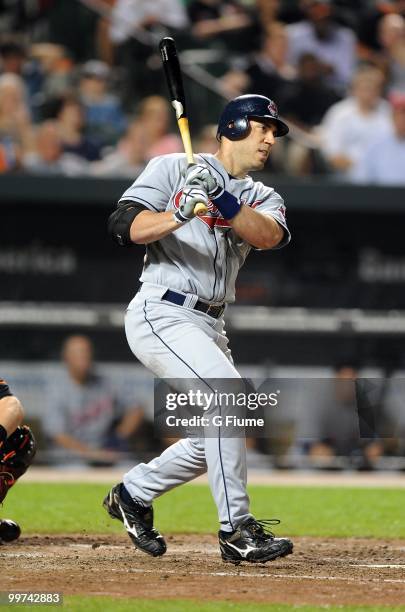 Travis Hafner of the Cleveland Indians bats against the Baltimore Orioles at Camden Yards on May 14, 2010 in Baltimore, Maryland.