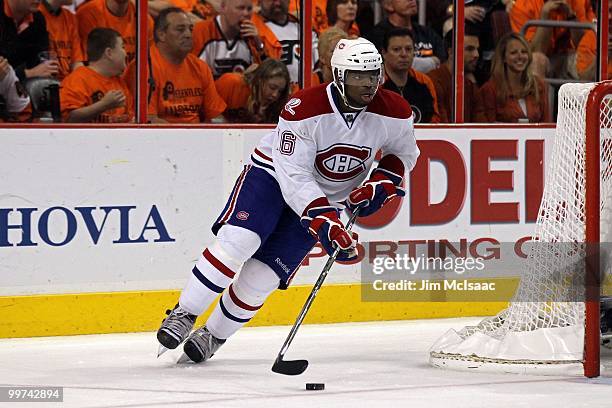 Subban of the Montreal Canadiens handle the puck against the Philadelphia Flyers in Game 1 of the Eastern Conference Finals during the 2010 NHL...