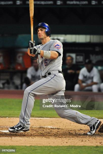 David Wright of the New York Mets bats during a MLB game against the Florida Marlins in Sun Life Stadium on May 15, 2010 in Miami, Florida.