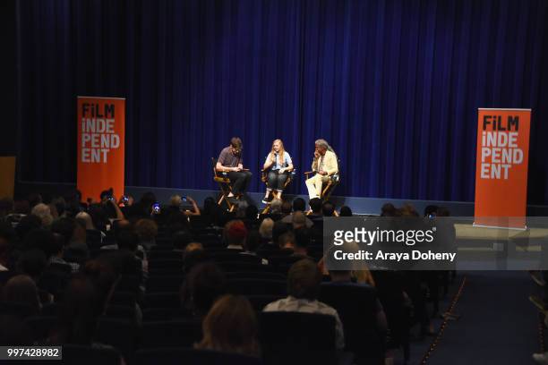 Bo Burnham, Elsie Fisher and Elvis Mitchell attend Film Independent at The WGA Theater presents screening and Q&A of "Eighth Grade" at The WGA...