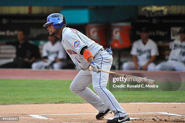 Luis Castillo the New York Mets bats during a MLB game against the Florida Marlins in Sun Life Stadium on May 15, 2010 in Miami, Florida.