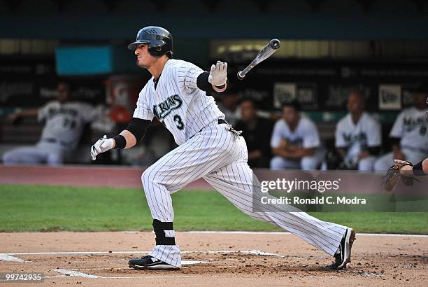 Jorge Cantu of the Florida Marlins bats during a MLB game against the New York Mets in Sun Life Stadium on May 15, 2010 in Miami, Florida.