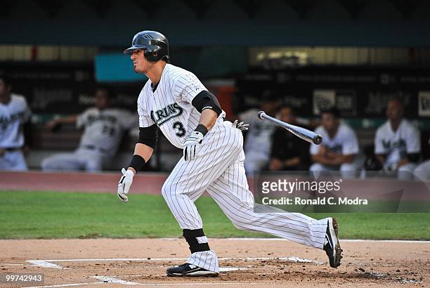 Jorge Cantu of the Florida Marlins bats during a MLB game against the New York Mets in Sun Life Stadium on May 15, 2010 in Miami, Florida.