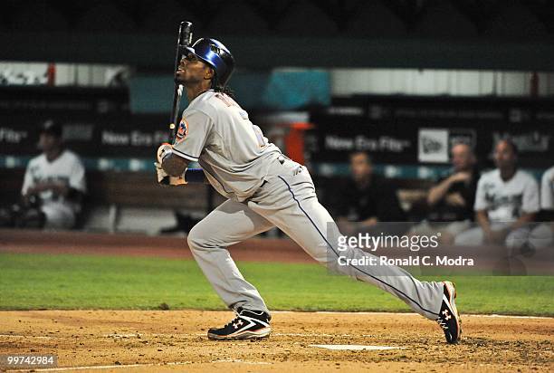 Jose Reyes of the New York Mets bats during a MLB game against the Florida Marlins in Sun Life Stadium on May 14, 2010 in Miami, Florida.