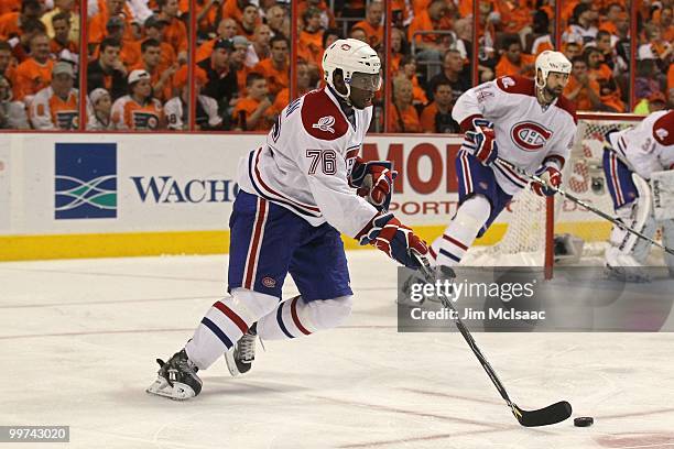 Subban of the Montreal Canadiens handle the puck against the Philadelphia Flyers in Game 1 of the Eastern Conference Finals during the 2010 NHL...