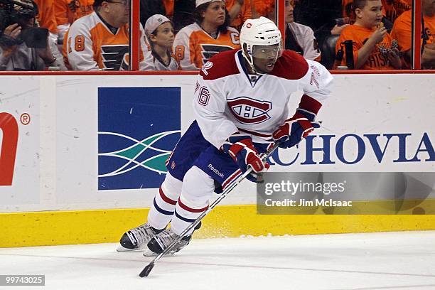 Subban of the Montreal Canadiens handle the puck against the Philadelphia Flyers in Game 1 of the Eastern Conference Finals during the 2010 NHL...