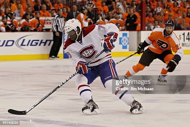 Subban of the Montreal Canadiens handle the puck against the Philadelphia Flyers in Game 1 of the Eastern Conference Finals during the 2010 NHL...