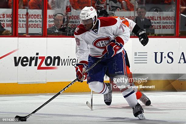 Subban of the Montreal Canadiens handle the puck against the Philadelphia Flyers in Game 1 of the Eastern Conference Finals during the 2010 NHL...