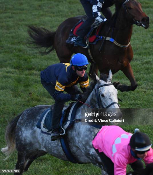 Tommy Berry riding Chautauqua settles at the rear after jumping out of the barriers during a barrier trial at Flemington Racecourse on July 13, 2018...