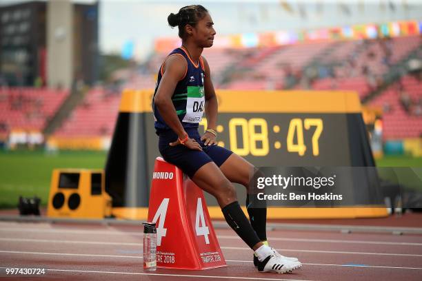 Hima Das of India prepares to race in the final of the women's 400m on day three of The IAAF World U20 Championships on July 12, 2018 in Tampere,...