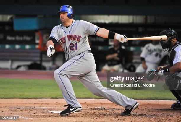 Rod Barajas of the New York Mets bats during a MLB game against the Florida Marlins in Sun Life Stadium on May 14, 2010 in Miami, Florida.