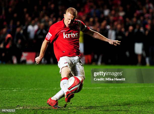 Captain Nicky Bailey of Charlton blasts his penalty kick wide during the Coca-Cola League One Playoff Semi Final 2nd Leg between Charlton Athletic...