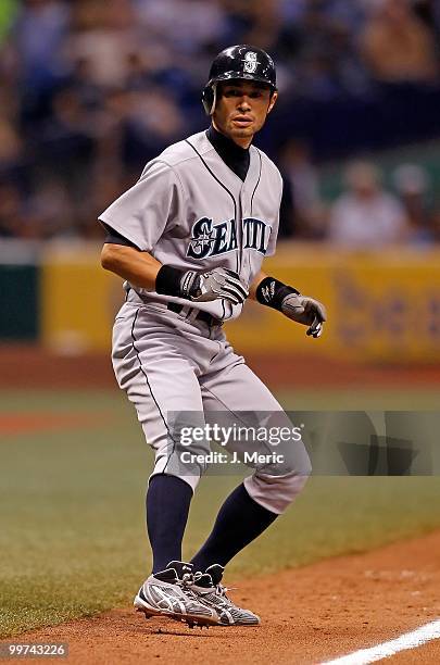 Outfielder Ichiro Suzuki of the Seattle Mariners takes a lead at third against the Tampa Bay Rays during the game at Tropicana Field on May 14, 2010...