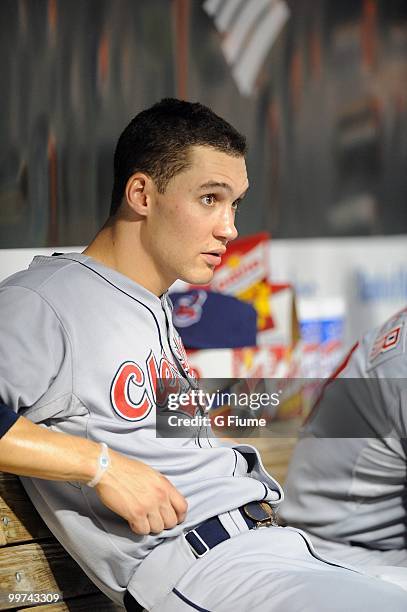 Grady Sizemore of the Cleveland Indians watches the game against the Baltimore Orioles at Camden Yards on May 14, 2010 in Baltimore, Maryland.