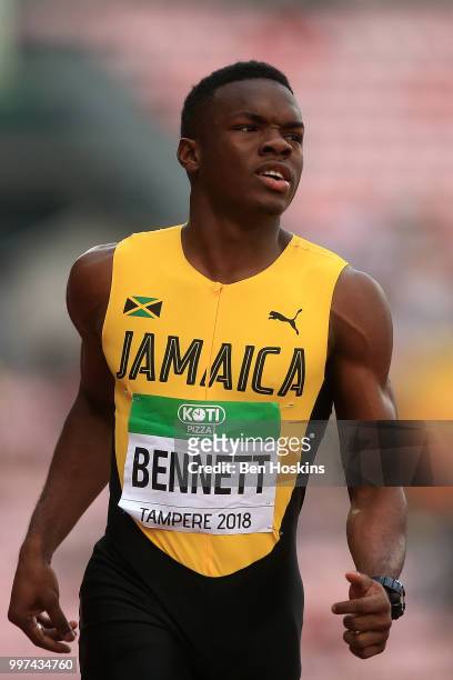 Orlando Bennett of Jamaica in action during the final of the men's 110m hurdles on day three of The IAAF World U20 Championships on July 12, 2018 in...