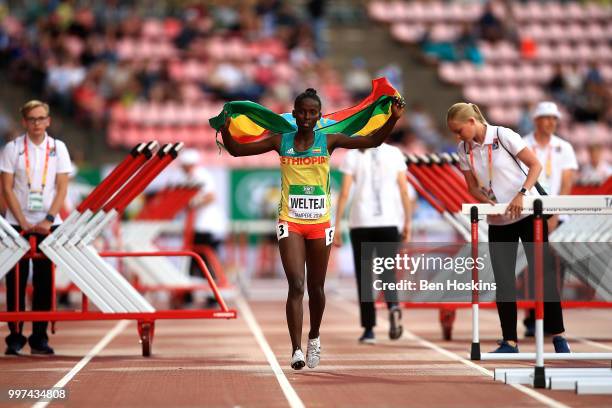 Diribe Welteji of Ethiopia celebrates winning gold in the final of the women's 800m on day three of The IAAF World U20 Championships on July 12, 2018...