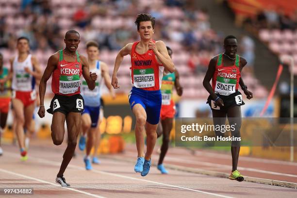 George Meitamei Manangoi of Kenya celebrates as he crosses the line to win gold in the final of the men's 1500m on day three of The IAAF World U20...