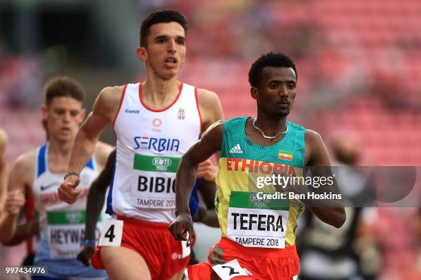 Samuel Tefera of Ethiopia in action during the final of the men's 1500m on day three of The IAAF World U20 Championships on July 12, 2018 in Tampere,...