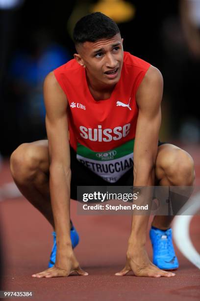 Ricky Petrucciani of Switzerland reacts following heat 1 of the men's 400m semi final on day three of The IAAF World U20 Championships on July 12,...