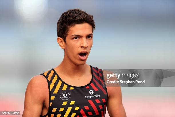 Jonathan Sacoor of Belgium reacts following heat 1 of the men's 400m semi final on day three of The IAAF World U20 Championships on July 12, 2018 in...