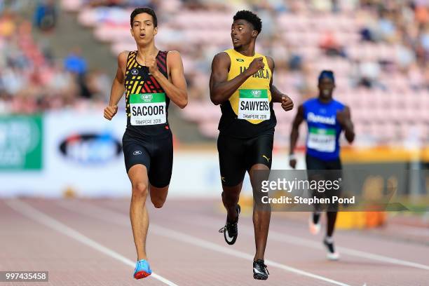 Jonathan Sacoor of Belgium and Chantz Sawyers of Jamaica in action during heat 1 of the men's 400m semi final on day three of The IAAF World U20...