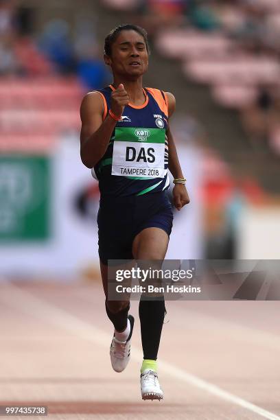 Hima Das of India in action during the final of the women's 400m on day three of The IAAF World U20 Championships on July 12, 2018 in Tampere,...