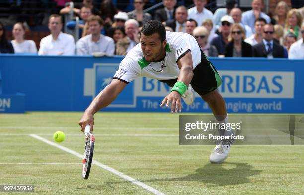 Jo-Wifried Tsonga of France in action during the men's singles final on day 8 of the AEGON Classic at the Edgbaston Priory Club in Birmingham on June...