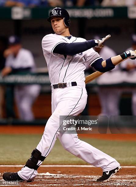 Infielder Evan Longoria of the Tampa Bay Rays fouls off a pitch against the Seattle Mariners during the game at Tropicana Field on May 14, 2010 in...