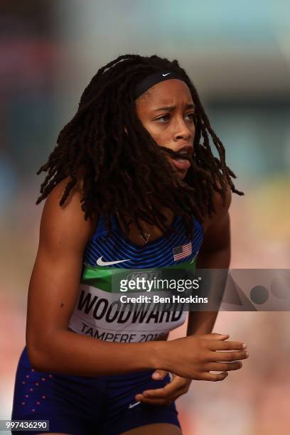 Jurnee Woodward of The USA reacts following heat 2 of the women's 400m hurdles semi final on day three of The IAAF World U20 Championships on July...