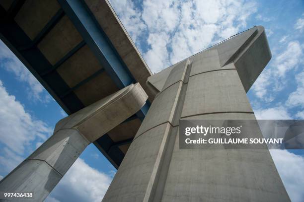 Picture taken on July 12, 2018 shows the construction site of the doubling viaduc of the highway A85 near Langeais. The 653-meter long viaduc,...