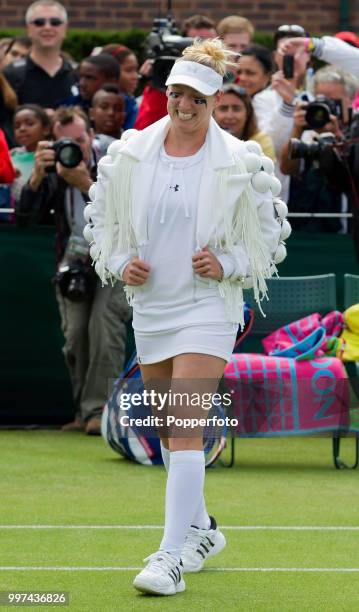 Bethanie Mattek-Sands of the USA in action on Day Two of the Wimbledon Lawn Tennis Championships at the All England Lawn Tennis and Croquet Club in...