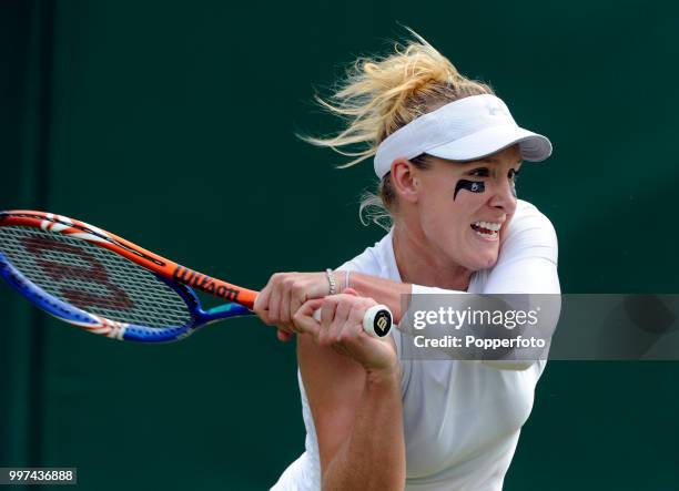 Bethanie Mattek-Sands of the USA in action on Day Two of the Wimbledon Lawn Tennis Championships at the All England Lawn Tennis and Croquet Club in...