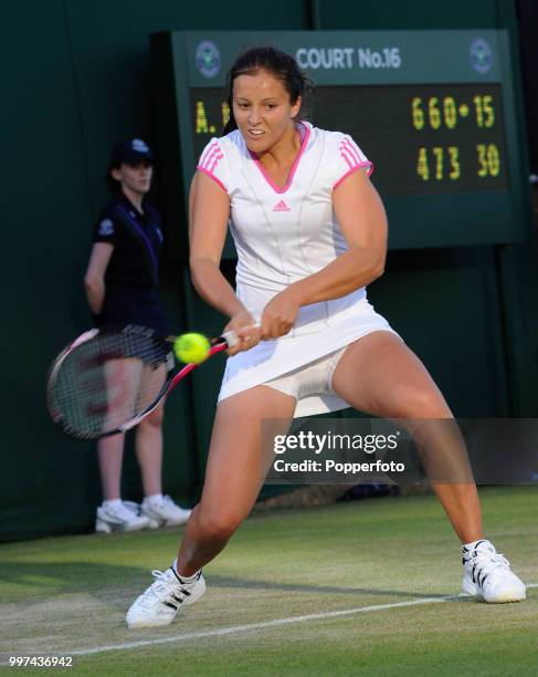 Laura Robson of Great Britain in action on Day Three of the Wimbledon Lawn Tennis Championships at the All England Lawn Tennis and Croquet Club in...