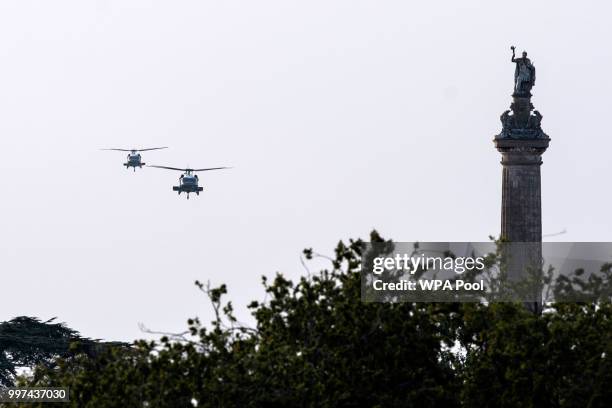 Helicopters carrying U.S. President Donald Trump and First Lady Melania Trump lands ahead of a dinner with British Prime Minister Theresa May and...