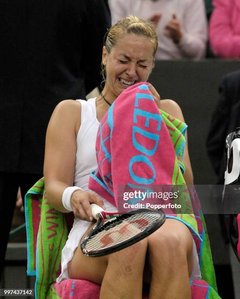 Sabine Lisicki of Germany in tears after winning her second round match on Day Four of the Wimbledon Lawn Tennis Championships at the All England...