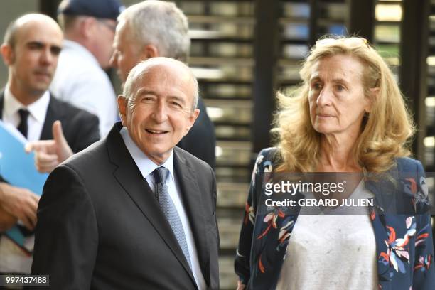 French Minister of the Interior Gerard Collomb and French Justice Minister Nicole Belloubet arrive at the France's DGSI intelligence agency in...